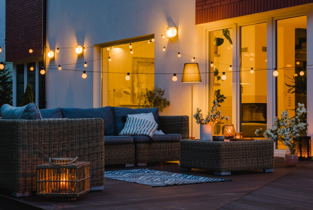 A patio with lights and furniture on it